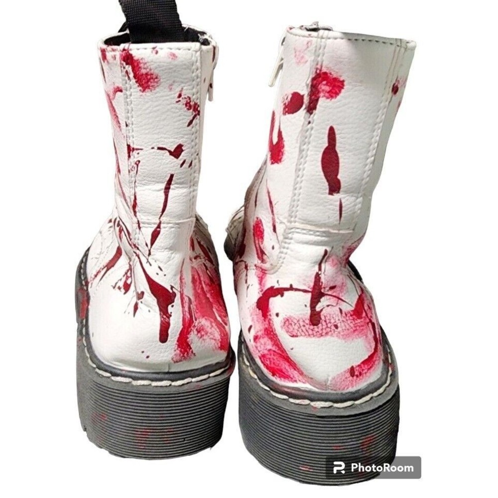 Blood Splatter White Combat Boots Womens 8.5 Unisex Union Bay OOAK Artist Signed - Picture 4 of 8